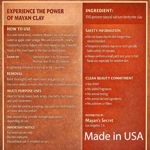 Mayan Pure Indian Healing Clay Powder, Deep Pore Skin Cleansing, Body and Hair Mask, Natural Calcium Bentonite Clay