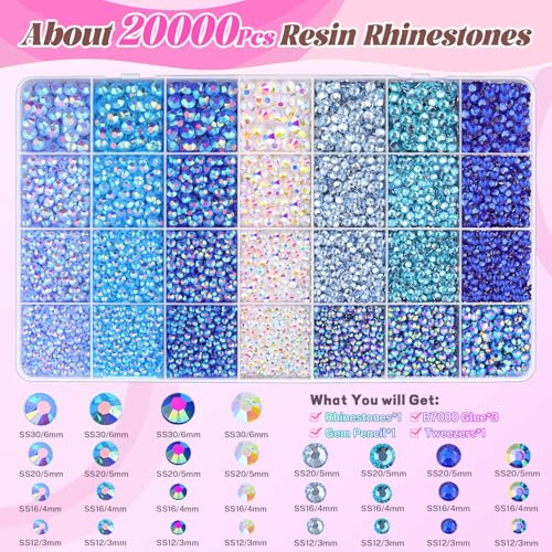 BELLEBOOST 20000Pcs Blue Rhinestones Bedazzling Kit with 3 B7000 Glue & Tools – 02 Blue Gems Series Large Pack