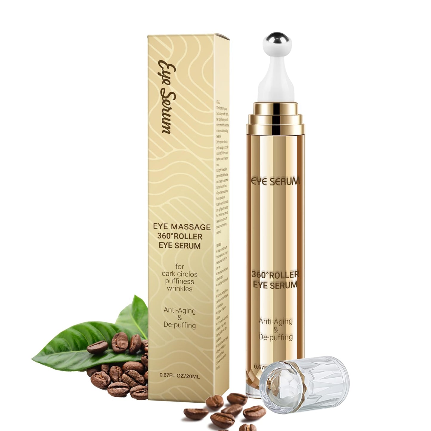 5% Caffeine Eye Serum, 0.67 Fl. Oz. Under Eye Cream for Dark Circles and Puffiness Eye Care Eye Serum Anti Aging with 360° Massage Ball Reduce Eye Bags, Wrinkles and Fine Lines