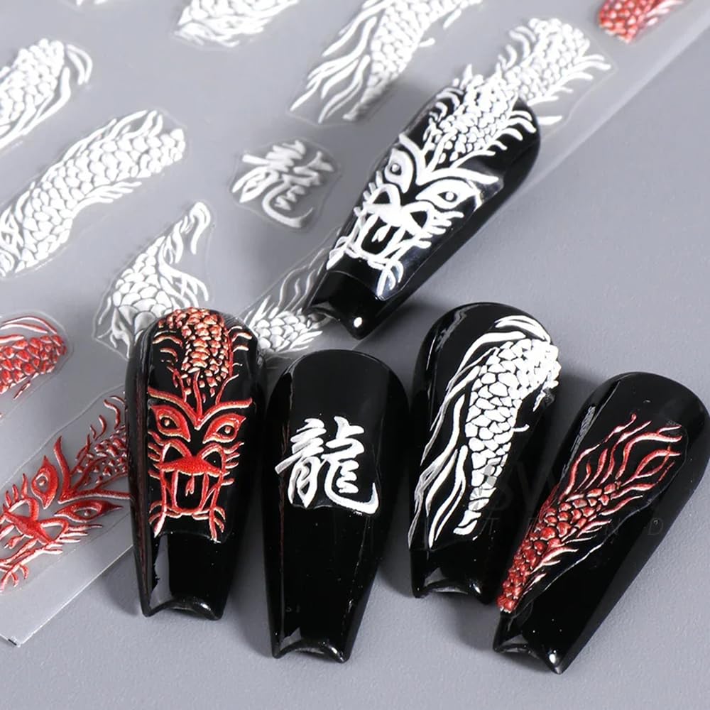 5D Embossed Dragon Nail Art Stickers for Nail Designs Black White Dragon Nail Stickers for Women Chinese Dragons Nail Decals for Nail Art Supplies Dragon Nail Sticker Manicure Stickers for Nails Decor