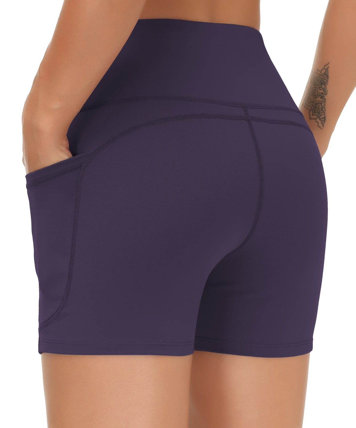 THE GYM PEOPLE High Waist Yoga Shorts for Women's Tummy Control Fitness Athletic Workout Running Shorts with Deep Pockets (Small, Purple)