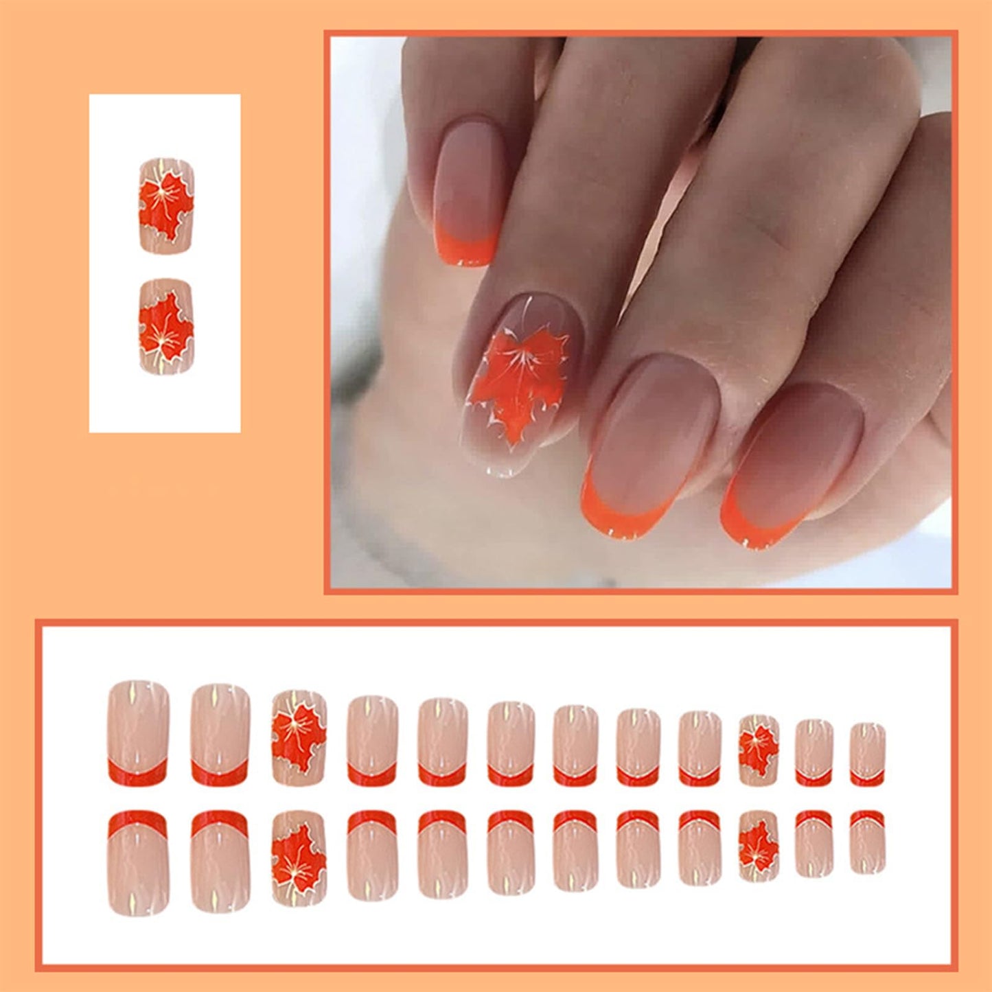 24PCS Fall Maple Leaf Press on Nails Thanksgiving Fake Nails French Tip Glue on Nails Short Square False Nails Full Cover Orange Maple Leaves Stick on Nails Glossy Artificial Nails for Women Girls