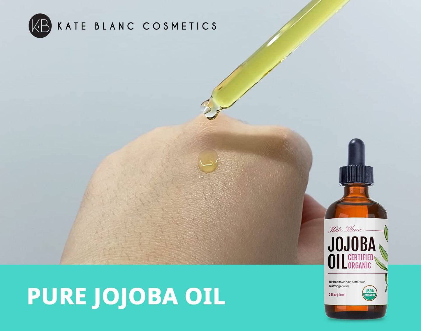 Kate Blanc Cosmetics Jojoba Oil for Hair Growth, Skin & Face (2oz) Facial Oil for Gua Sha Massage. 100% Pure & Natural Hair Oil Moisturize Nails, Ear, Scalps, Cuticles