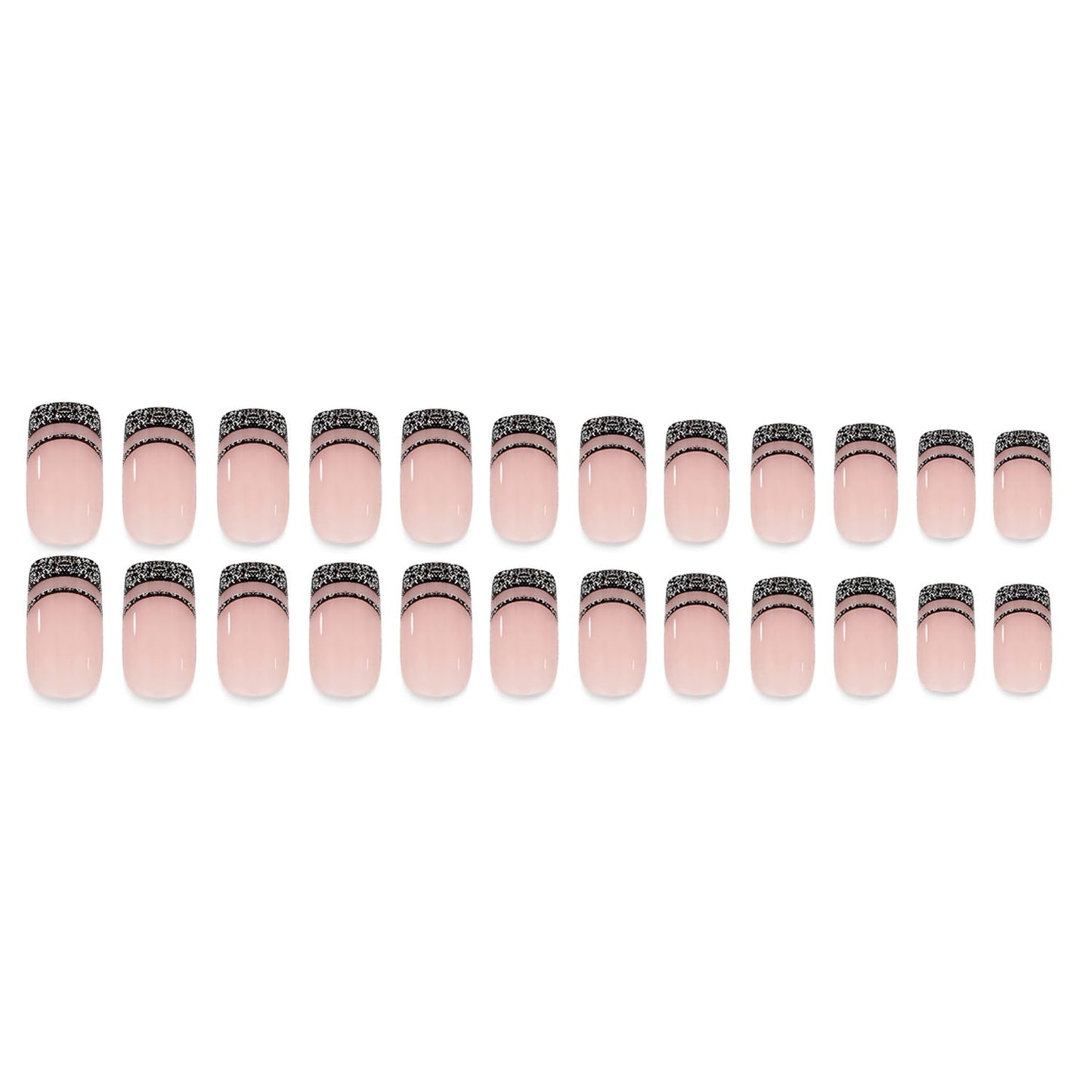 Black French Tip Press on Nails Short Square Balck Fake Nails with Silver Glitter Designs Pink False Nails Press Ons Full Cover Glossy Acrylic Glue on Nails Stick on Nails for Women 24Pcs