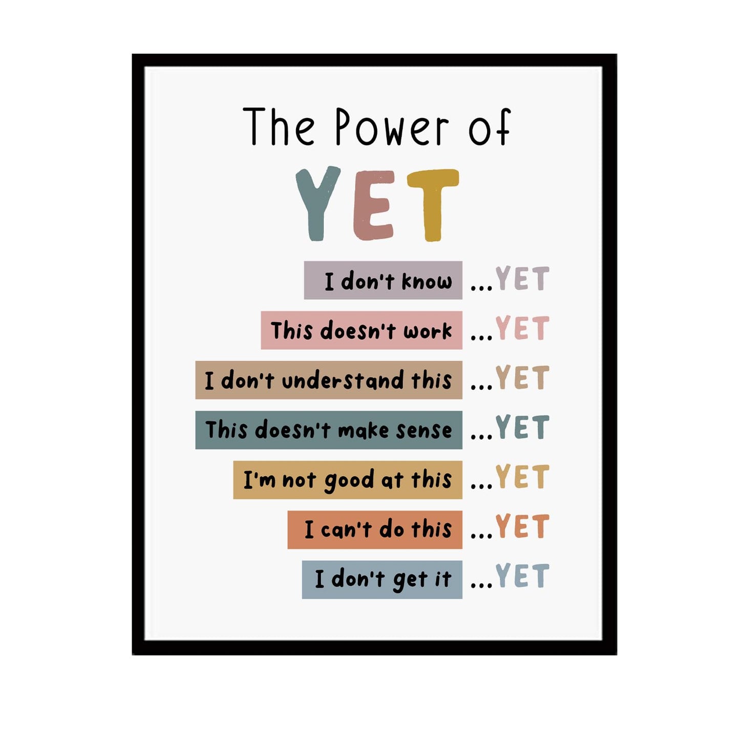 The Power of Yet Print Therapy Office Decor Poster Kids Room Wall Decor Boho Classroom Growth Mindset Mental Health Poster Classroom Decor School Counselor Power of black framed (8x10 Print + Framed)