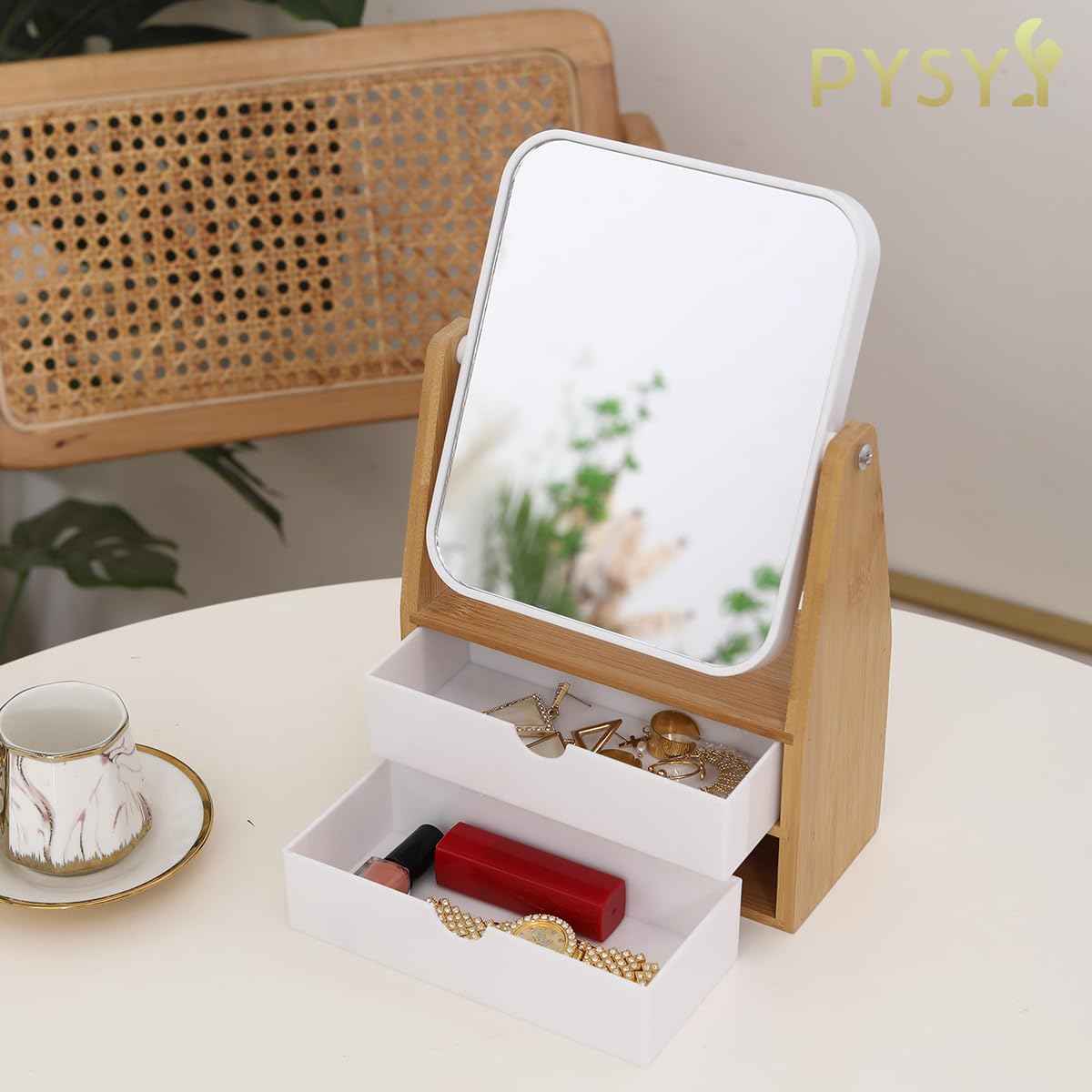 PYSYY 1x / 5X Magnifying Makeup Mirror, Jewelry and Cosmetics Storage Box with Double Drawers, Adjustable Natural Bamboo Stand, 360° rotatable Vertical Desktop Mirror (1, Rectangle)