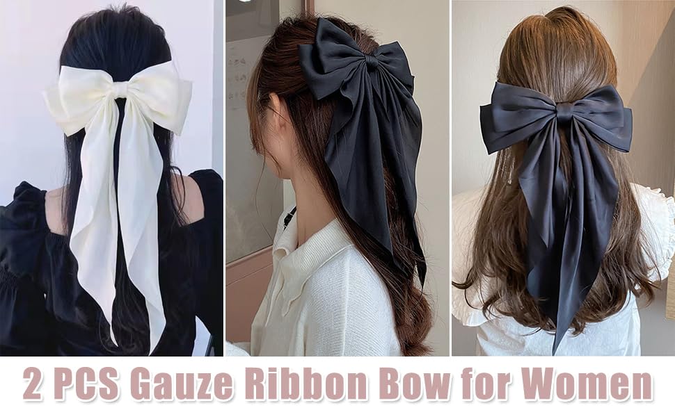 Oversized Long-tail Cute Aesthetic Hair Accessories: 2 PCS Ribbon Barrettes with Large Hair Bows for Women (Beige, Sky Blue)