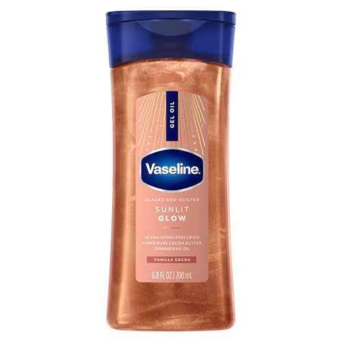 Vaseline Glazed and Glisten Sunlit Glow Body Gel Oil Vanilla Cocoa Shimmering with Ultra-Hydrating Lipids and 100% Pure Cocoa Butter, 6.8 Oz