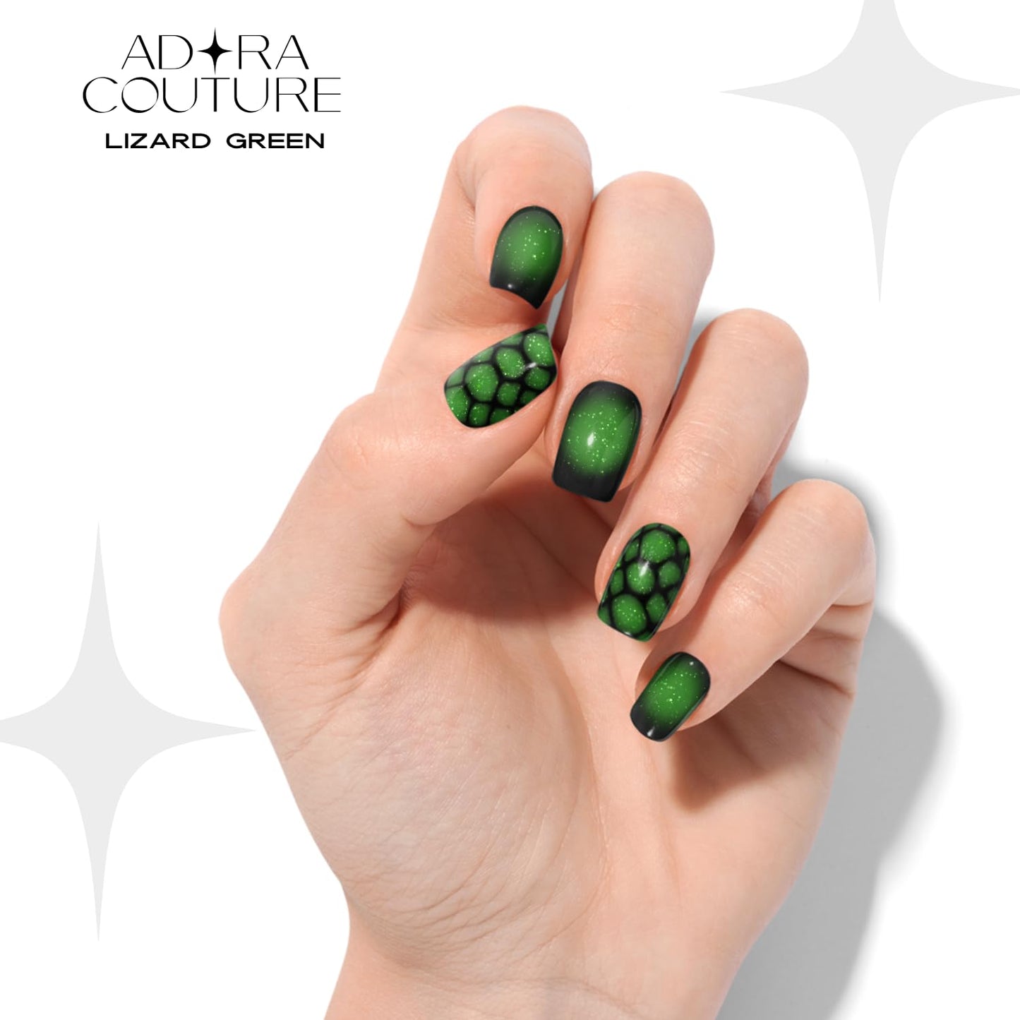 ADORA COUTURE Semi Cured Gel Nail Strips Kit | 30pcs Uv Gel Nail Stickers with Uv Light | Green Black Ombre Aura Nail Wrap | Nail Gel Stickers for Nails Uv Light (Lizard Green)