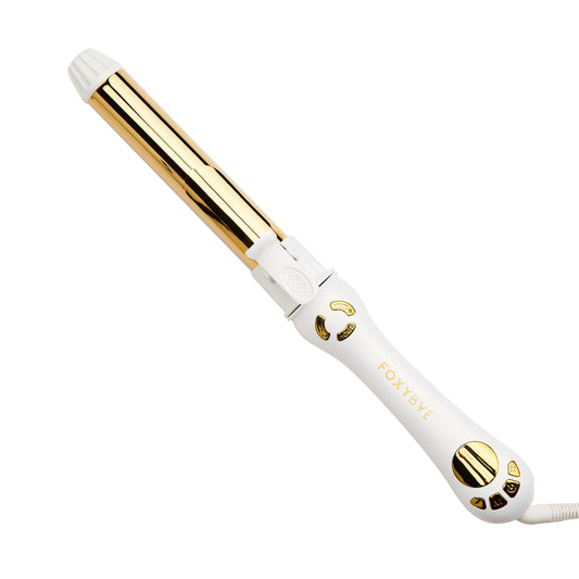 FoxyBae Automatic Curling Iron - Professional Auto Rotating Hair Curler Wand for Long Hair w/Temp Control -1.25” Titanium Hot Hair Styling Tools for Silky Curls - Self Hair Curlers [Pearl White-Gold]