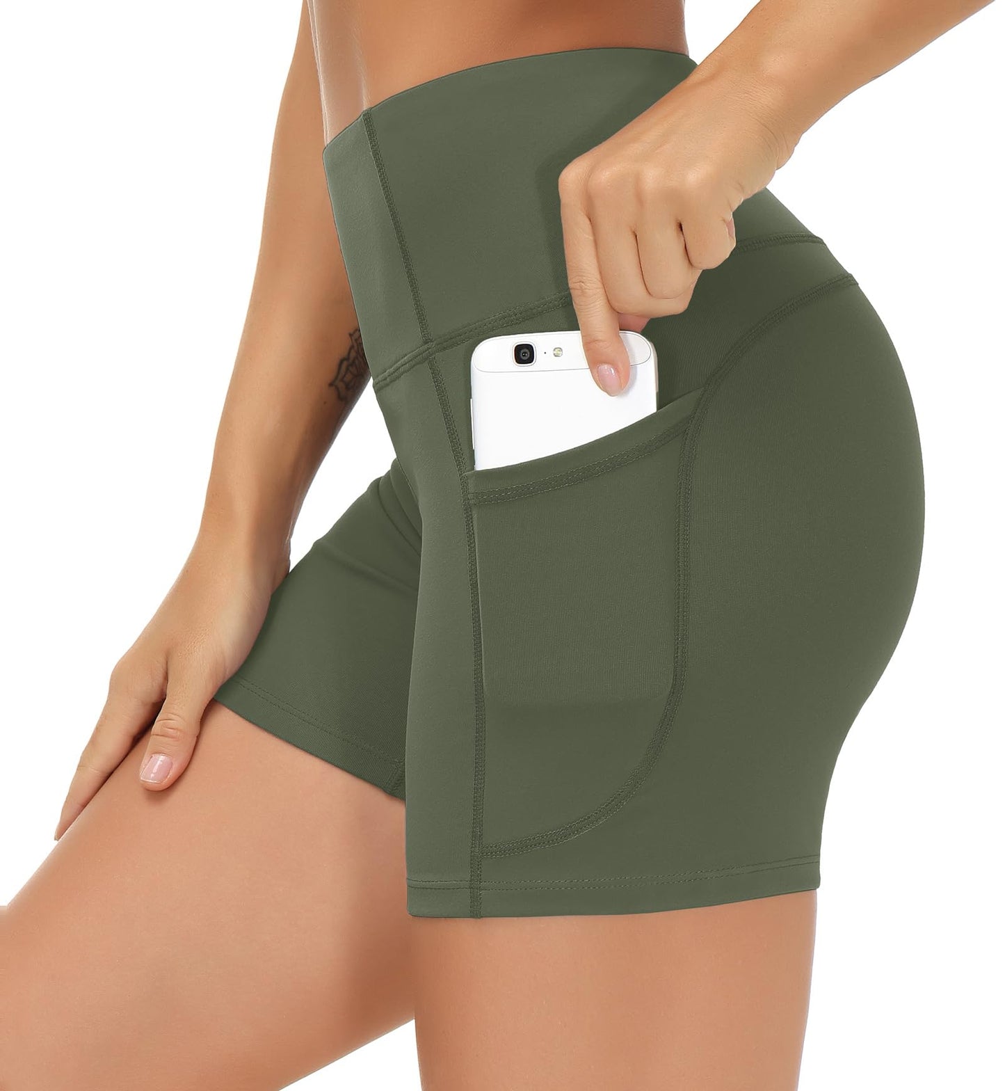 THE GYM PEOPLE High Waist Yoga Shorts for Women's Tummy Control Fitness Athletic Workout Running Shorts with Deep Pockets Bean Green