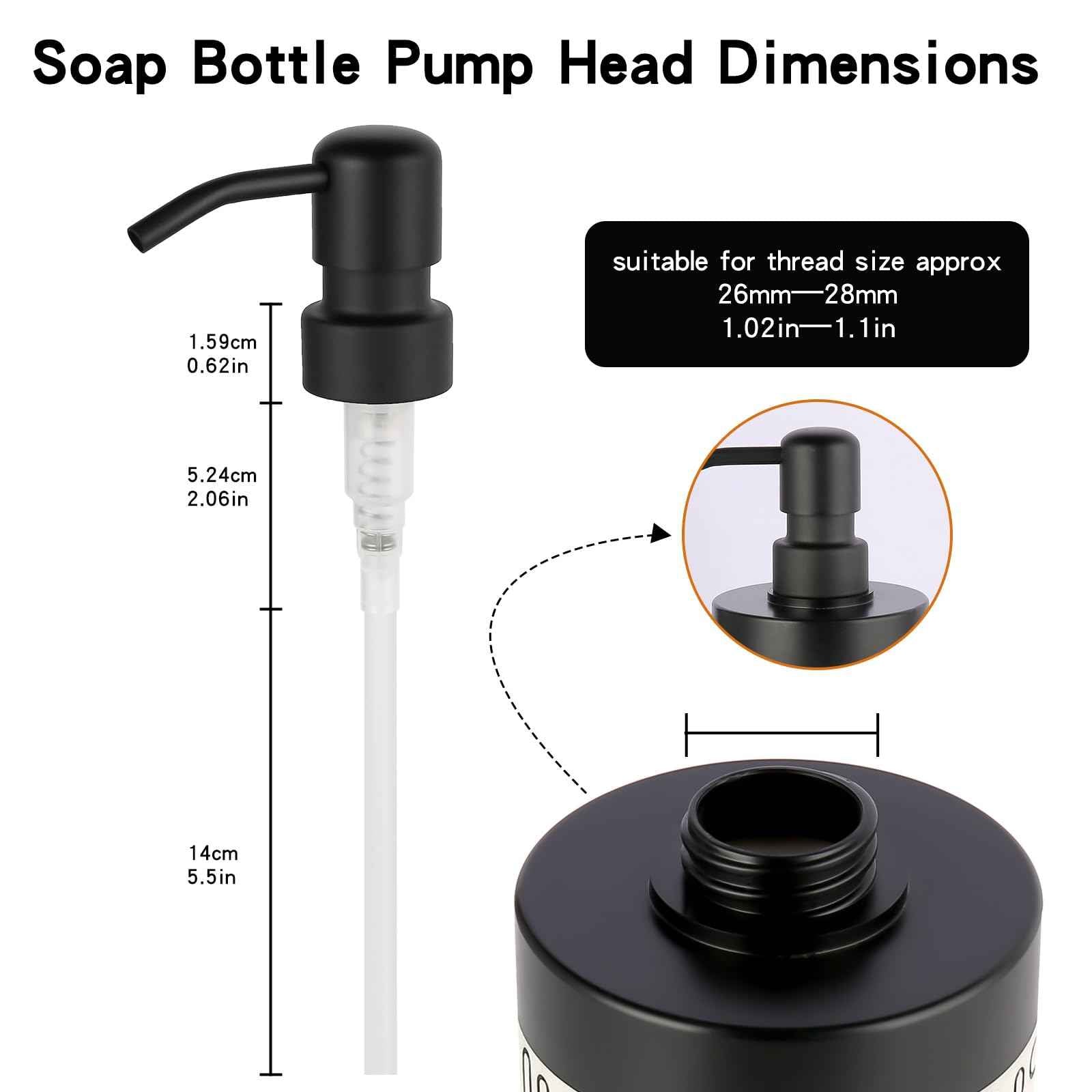 2PCS Stainless Steel Black Soap and Lotion Dispensers Pump Replacement,Smooth Action Replacement for Round 1.1in (28 mm) Neck Bottles,Rust Proof&Leak Proof