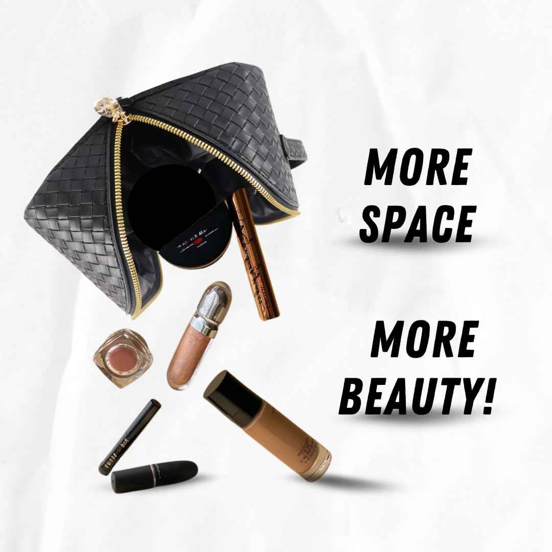 Large Capacity PU Leather Makeup Bag Organizer – Waterproof Travel Cosmetic Bag with Divider, Open Flat Design, Toiletry Bag for Women (Checkered Black)