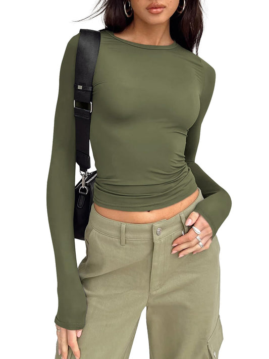 Trendy Queen Womens Long Sleeve Shirts Basic Spring Crop Tops Tees Tight Slim Fit Cute Going Out Outfits Teen Girls Fall Winter Y2k Clothes 2024 Army Green XS