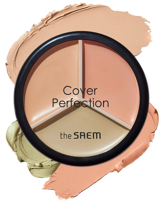 THESAEM Cover Perfection Triple Pot Concealer - 3 Color Concealer with Clear Beige, Green & Peach Shades - Full Coverage Concealer to Correct & Conceal Redness, Dark Circles, 01 Correct Beige