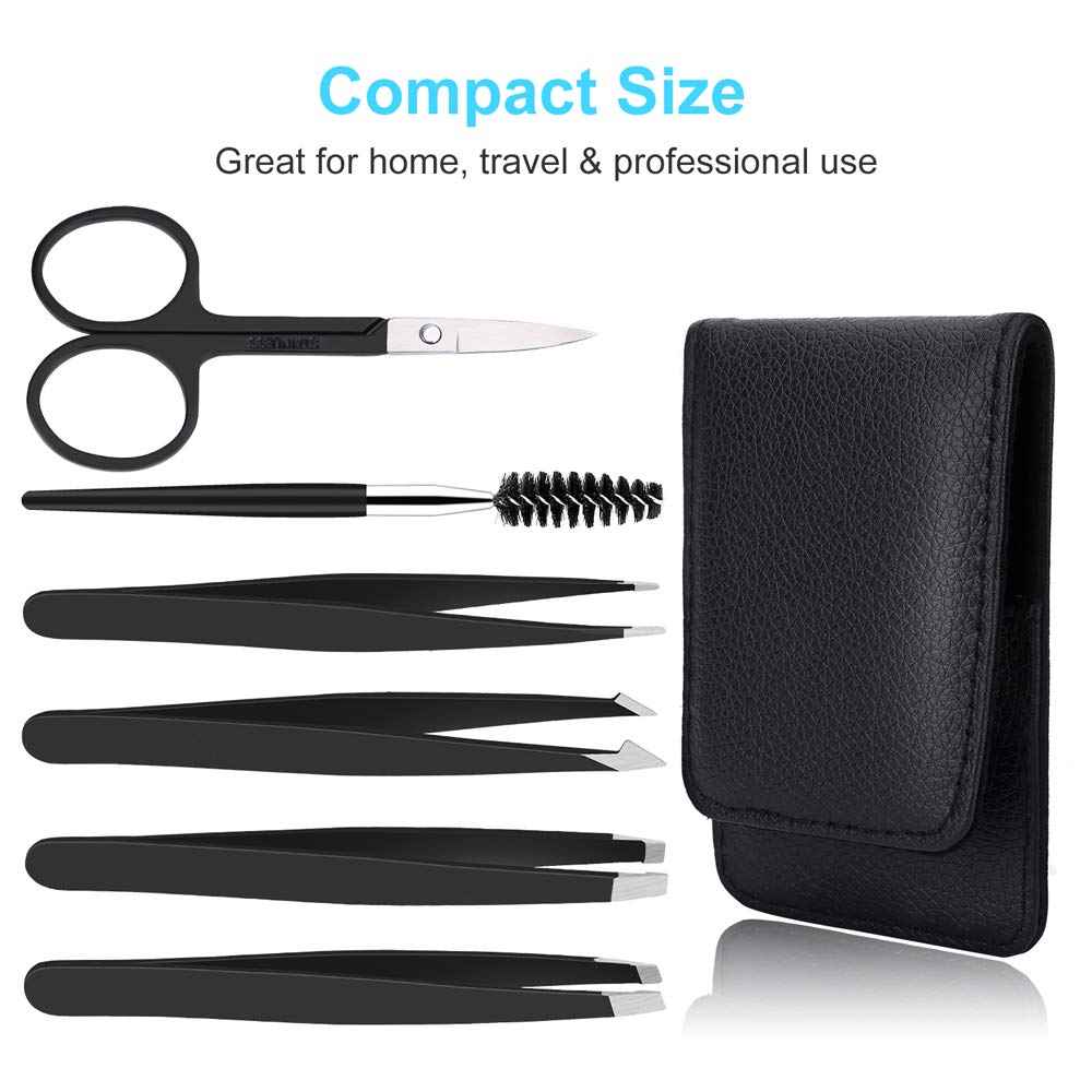 UUBAAR 6 PCS Professional Tweezers Set - Stainless Steel Precision Tweezer Kit for Eyebrows, Facial Hair, Ingrown Hair & Splinter Removal with Travel Case (Black)