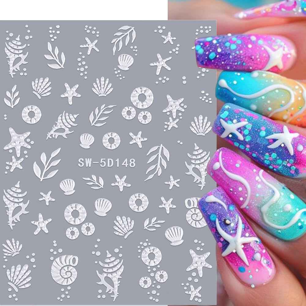 5D Embossed Ocean Nail Stickers - Summer Decals With Shell, Starfish, Jellyfish, Sea Animals - Beach Art Supplies for Nails
