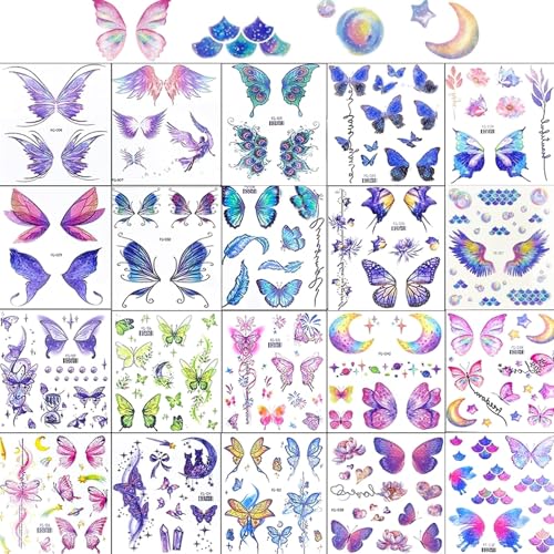 20 Glitter Butterfly Temporary Tattoos - Waterproof Face & Body