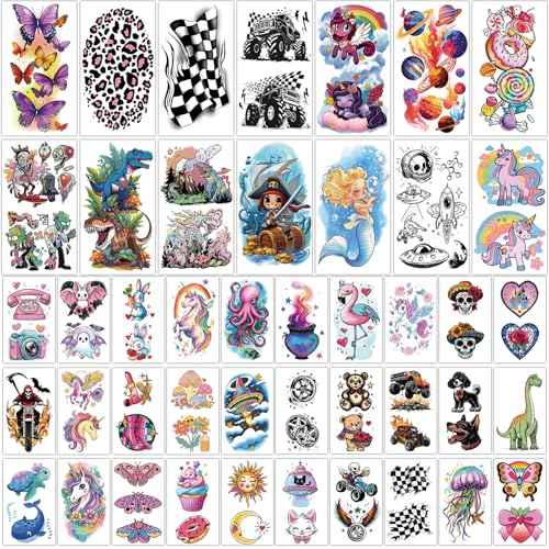 52pcs Temporary Tattoos for Kids, Full Arm Sleeve Tattoos with Mermaid Unicorn Truck Dinosaur Rocket Animals Plants Body Face Fake Arm Tattoos Stickers for Grils Boys Gift Party Supplies