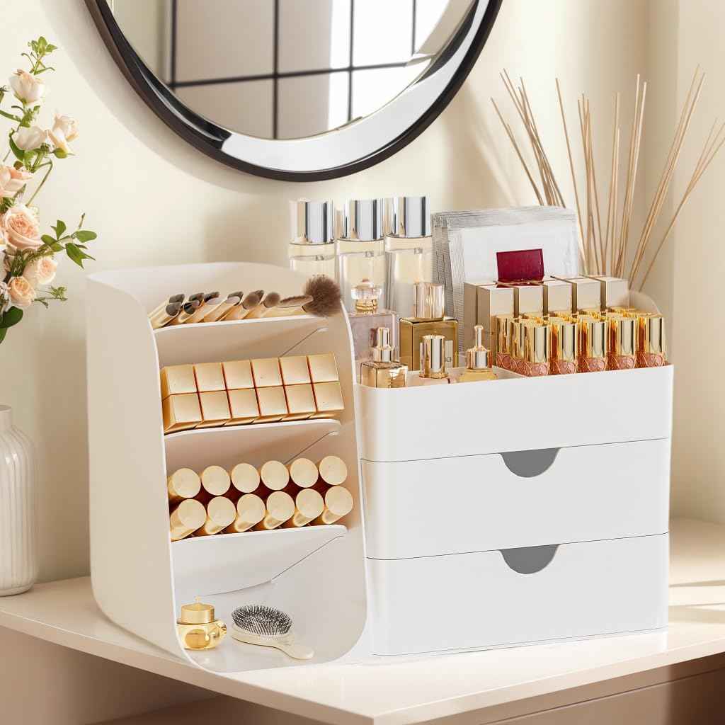 FYABREEK Makeup Organizer with 2 M Drawers & Brush Holders - Cosmetic Storage Case for Vanity, Bathroom Countertop & Desk - Skincare & Office Supplies Organizer (All White, M)