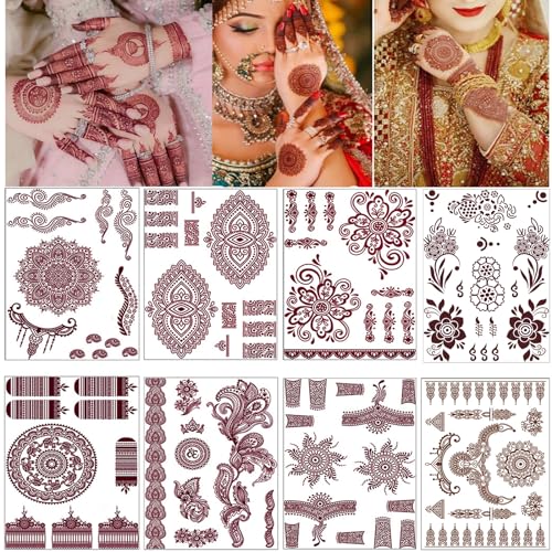 8 Sheets Temporary Tattoo Stickers Red Brown Fake Tattoo Lace Floral Temporary Waterproof Body Art Long Lasting Stickers Beach Festivals Wedding Party Decorations