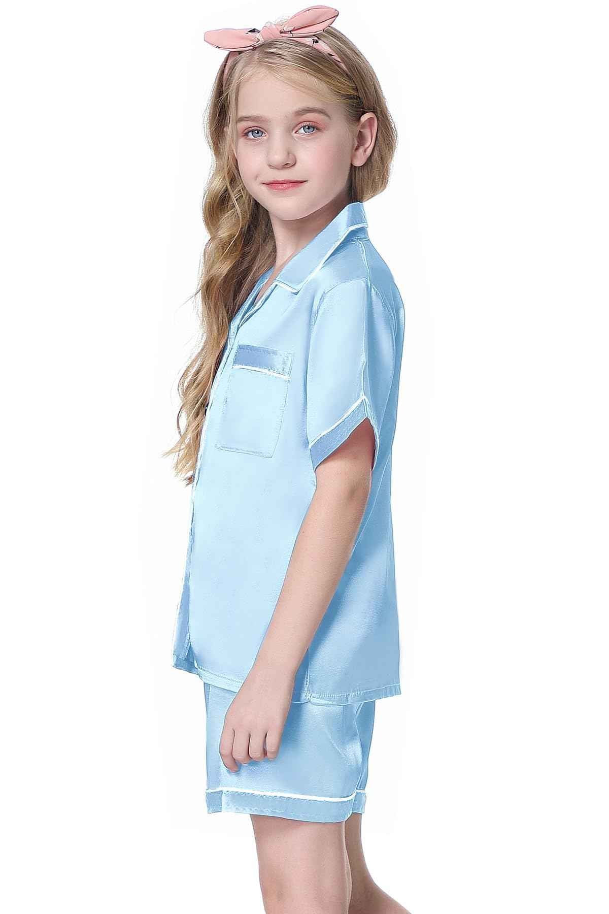 Satin Pajamas for Girls Silk Button Down PJ Set Sleepwear, Blue, 13-14 Years