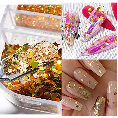 Holographic Nail Art Glitter Sequins Kit 6 Grids Laser Gold Shinning Glitters Nail Art Supplies Stars Moon Nail Art Sticker Decals Heart Glitter Flakes Manicure Tips for Acrylic Nails Decorations