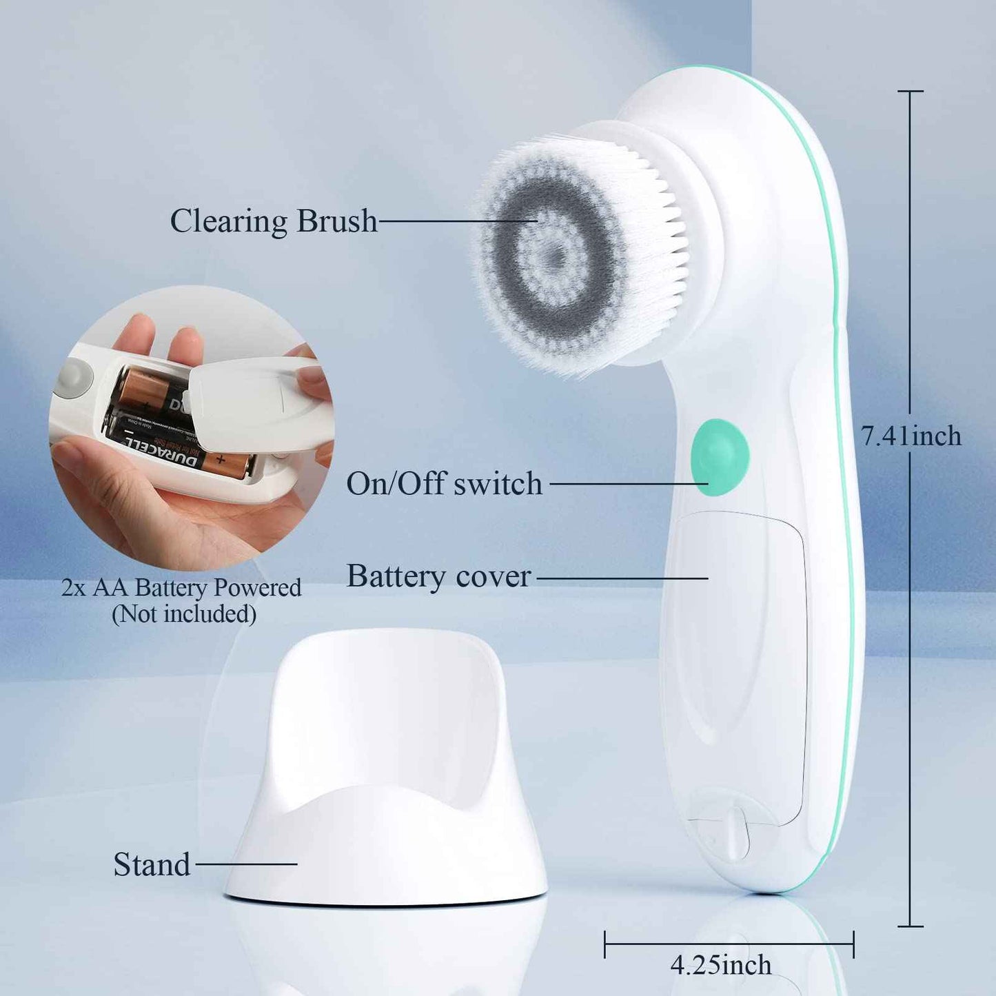 TOUCHBeauty Facial Cleansing Brush Electric, Face Cleansing Brush with Stand, 3 Brush Heads, 2 Speeds, IPX5 Waterproof, Battery-Powered, Suitable for All Skin Types, TB-0759D