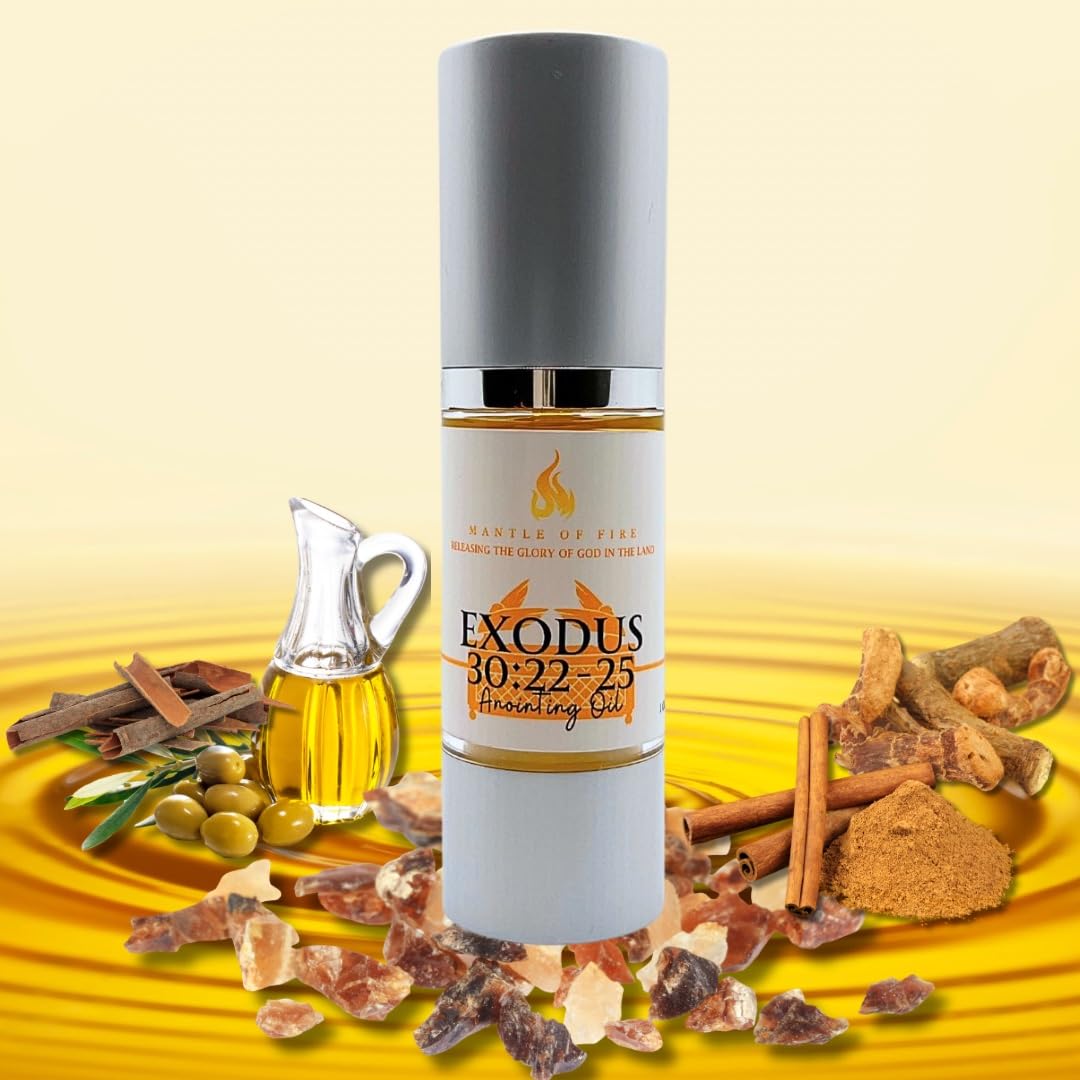 Exodus 30:22-25 Anointing Oil 1oz. Recipe God gave to Moses - 500 shekels of liquid myrrh, 250 shekels of fragrant cinnamon, 250 shekels of fragrant calamus, 500 shekels of cassia and a hin of olive oil. Comes in a top of the line spill proof, shatter pro