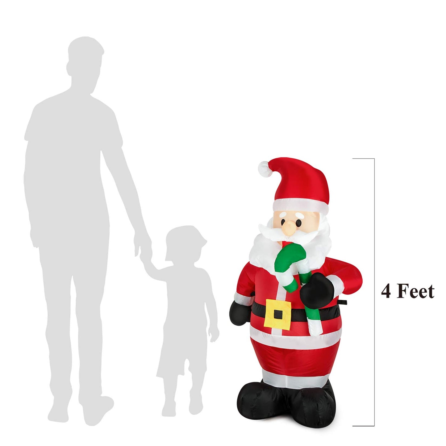 FARONZE Christmas Inflatable Santa Claus Holds Candy Cane Lighted Indoor & Outdoor Christmas Yard Lawn Blow-Up Decoration with Built-in Fan and Anchor Ropes 4 Feet Tall (Santa Holds Candy Cane)