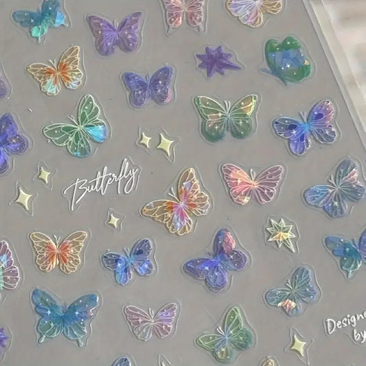 Butterfly Nail Art Stickers Decals 5D Embossed Butterfly Nail Decals Colorful Aurora Shining Design Butterfly Nails Adhesive Sticker Nail Art Supplies Butterfly Stickers for Nails Manicure Decorations