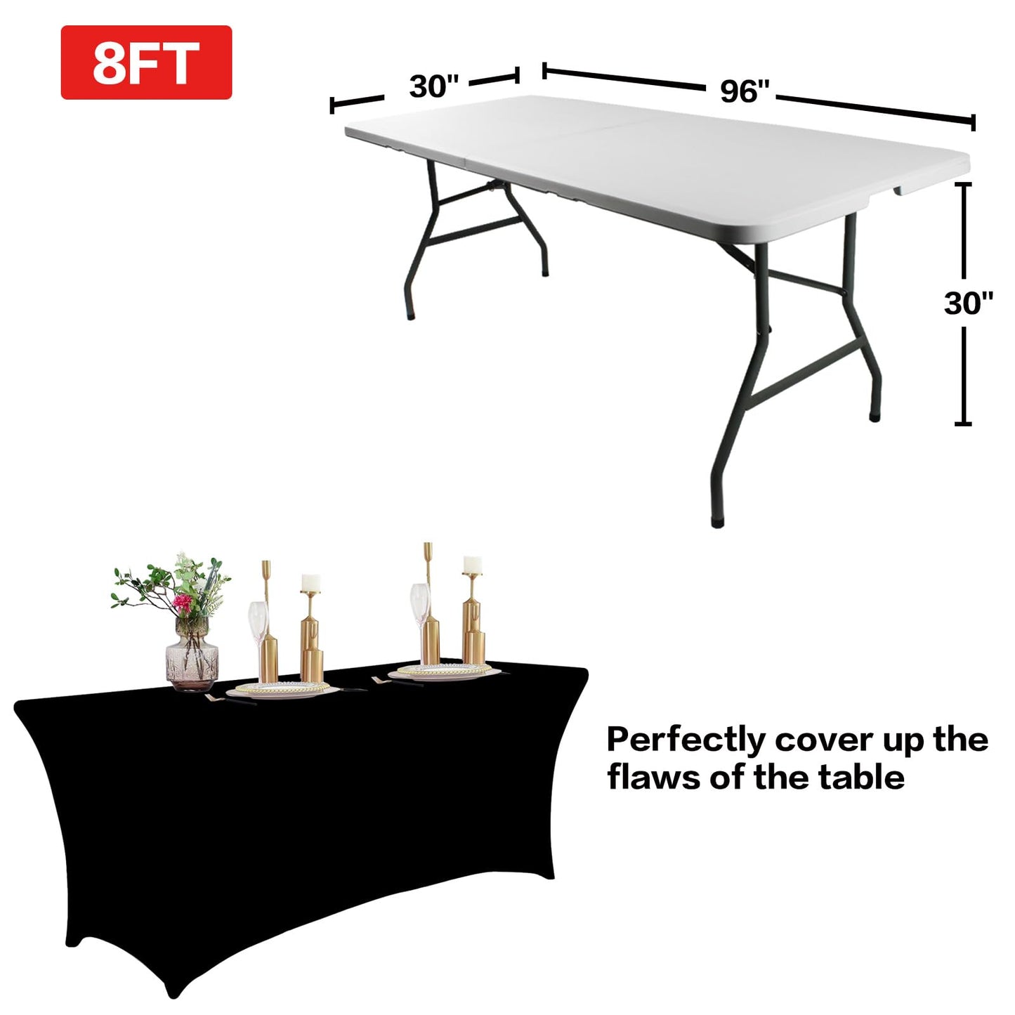 IVAPUPU 8FT Spring Table Cloth for Rectangular Fitted Events Stretch Black Table Covers Washable Table Cover Spandex Tablecloth Table Protector for Party, Wedding, Cocktail, Banquet, Festival