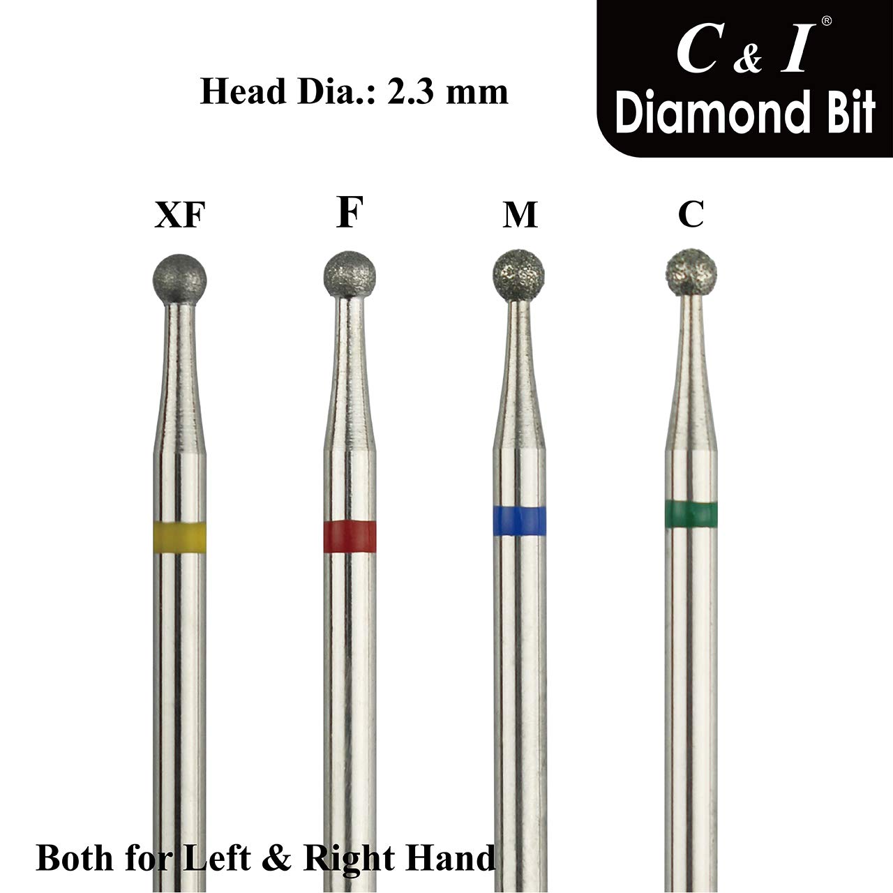 C & I Diamond Nail Drill Bit, Ball Shape Head E-File, Professional Cuticle Clean Drill Bit, Improved Diamond Powder plus Tungsten Carbide Shank 3/32” (2.35 mm) (2.3 mm, Coarse -C)