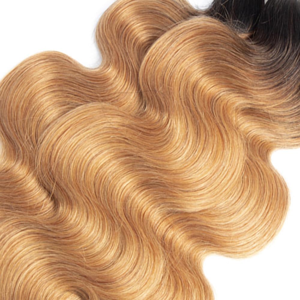 Ombre Blonde Human Hair Bundles 1B/27 Ombre Bundles Human Hair 1B/27 Body Wave Bundles Human Hair 8 10 12Inch 3 Bundles Human Hair Body Wave Brazilian Virgin Hair Bundles (1B/27-BB-8 10 12)