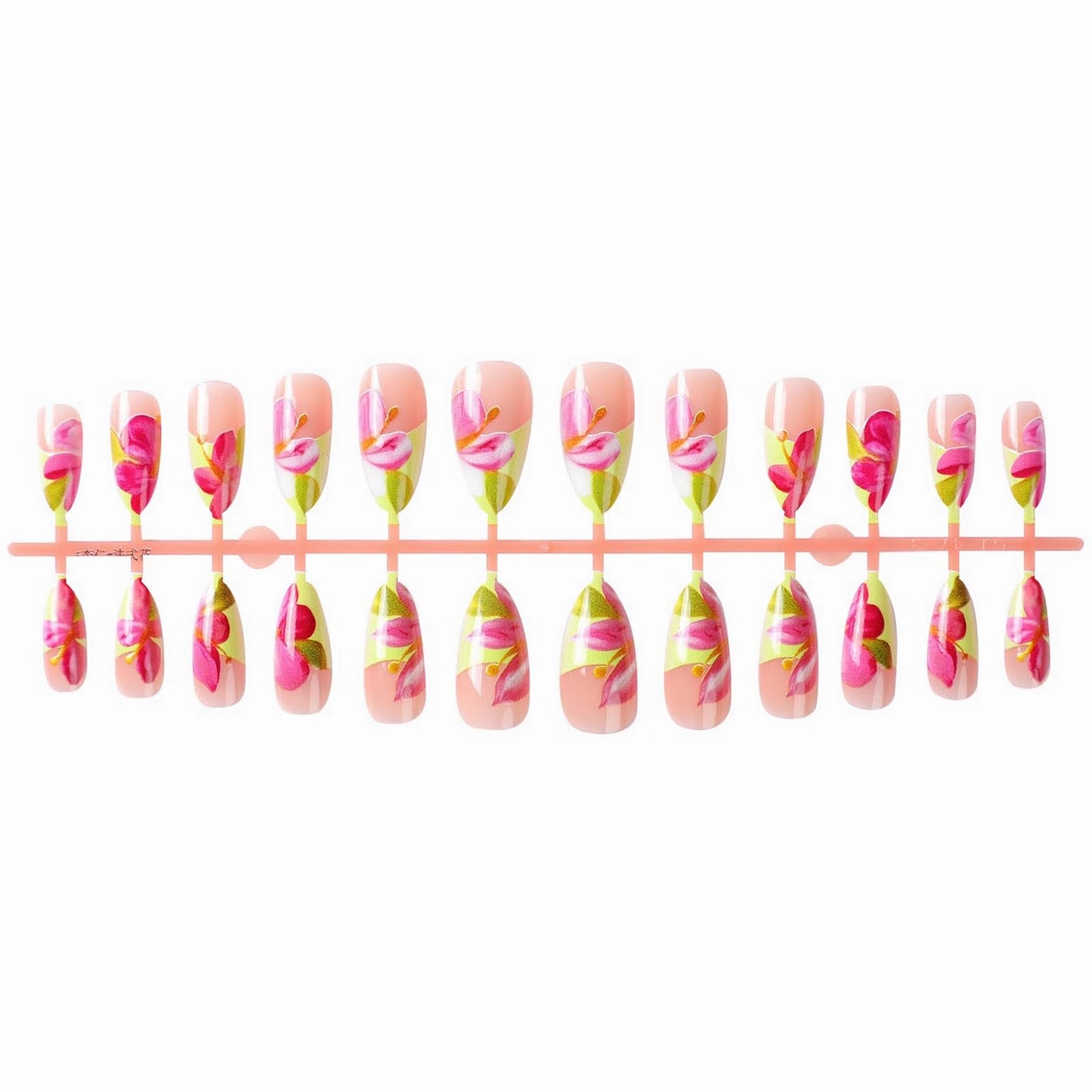 MISUD Press on Nails Medium Almond Fake Nails Glossy Glue on Nails Yellow French Tip Acrylic Nails Stiletto Artificial Nails Summer Cute Pink Flower Stick on False Nails with Design 24 pcs