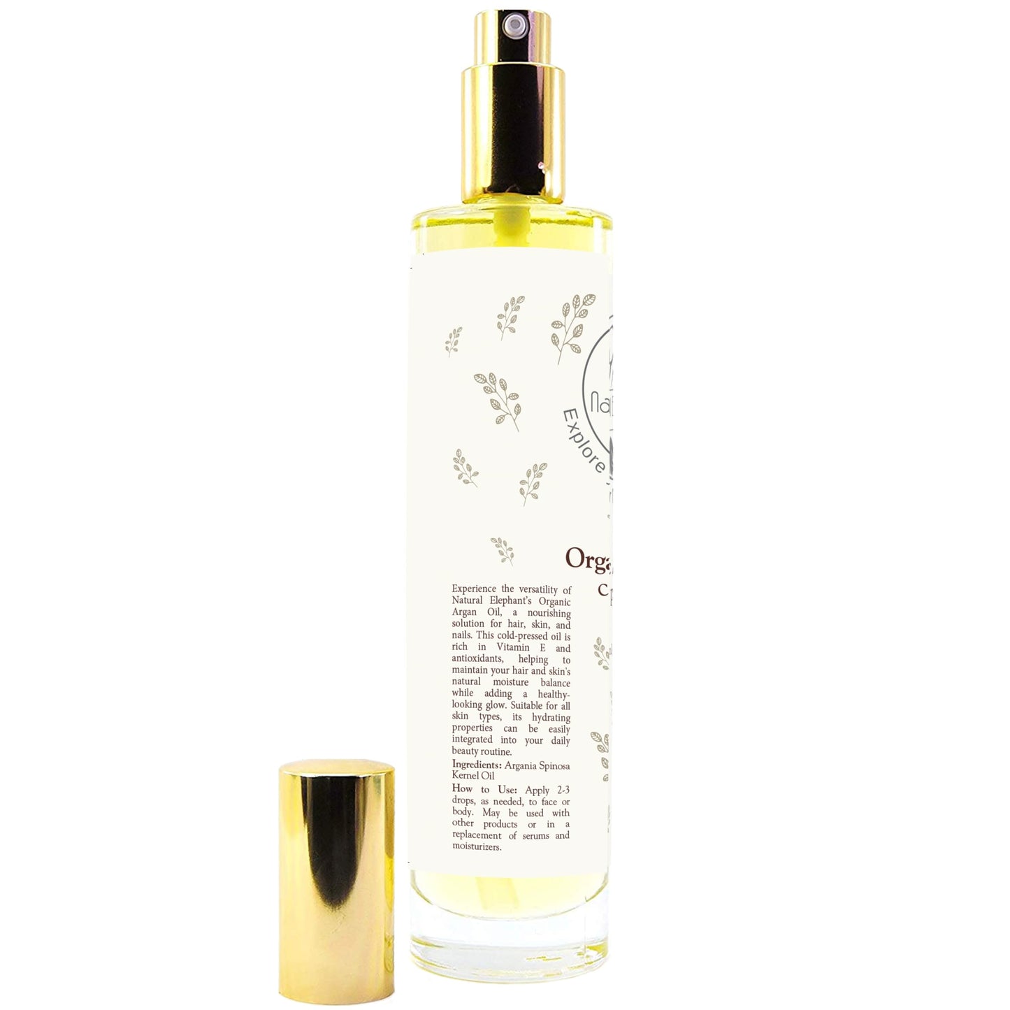 Natural Elephant USDA Certified Organic 100% Pure Argan Oil, Cold-Pressed, 100 ml (3.38 fl oz) - Nourishing & Hydrating for Skin, Hair, and Nails