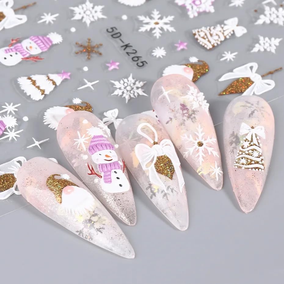 Christmas Nail Art Stickers Winter Snowflake Snowman Nail Decals 5D Acrylic Engraved Nail Stickers Gold Glitter Santa Claus Xmas Tree Christmas Nail Art Supplies Transfer Sticker for Nails Decoration