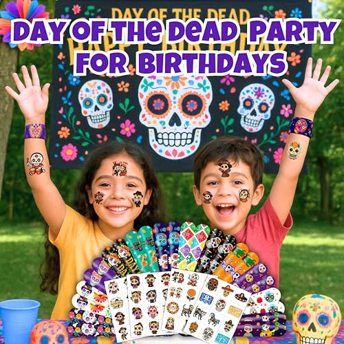 Day of the Dead Party Favor Set - 72PCS Tattoos & Slap Bracelets