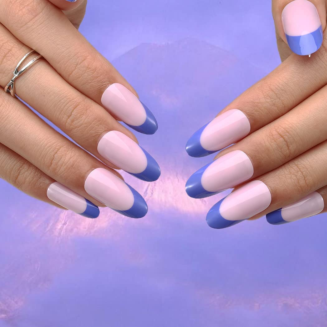 Gangel French Stiletto False Nails Glossy Fake Nail Pink Full Cover Nude Fake Nails Sharp Acrylic Press on Nails for Women and Girls 24Pcs (French-Blue)