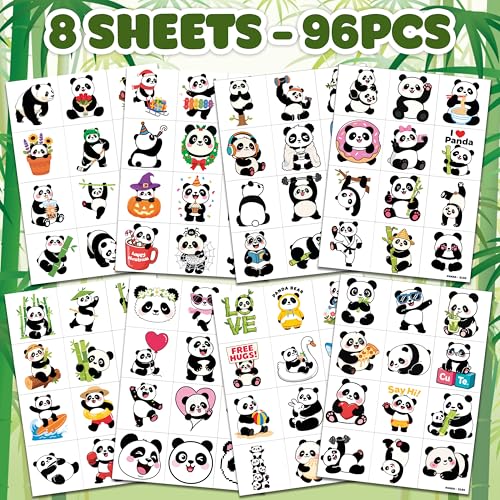 96 PCS Panda Bamboo Temporary Tattoos for Kids