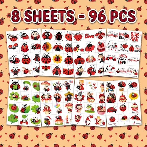 Ladybug Temporary Tattoos for Kids, 96 Pack Waterproof