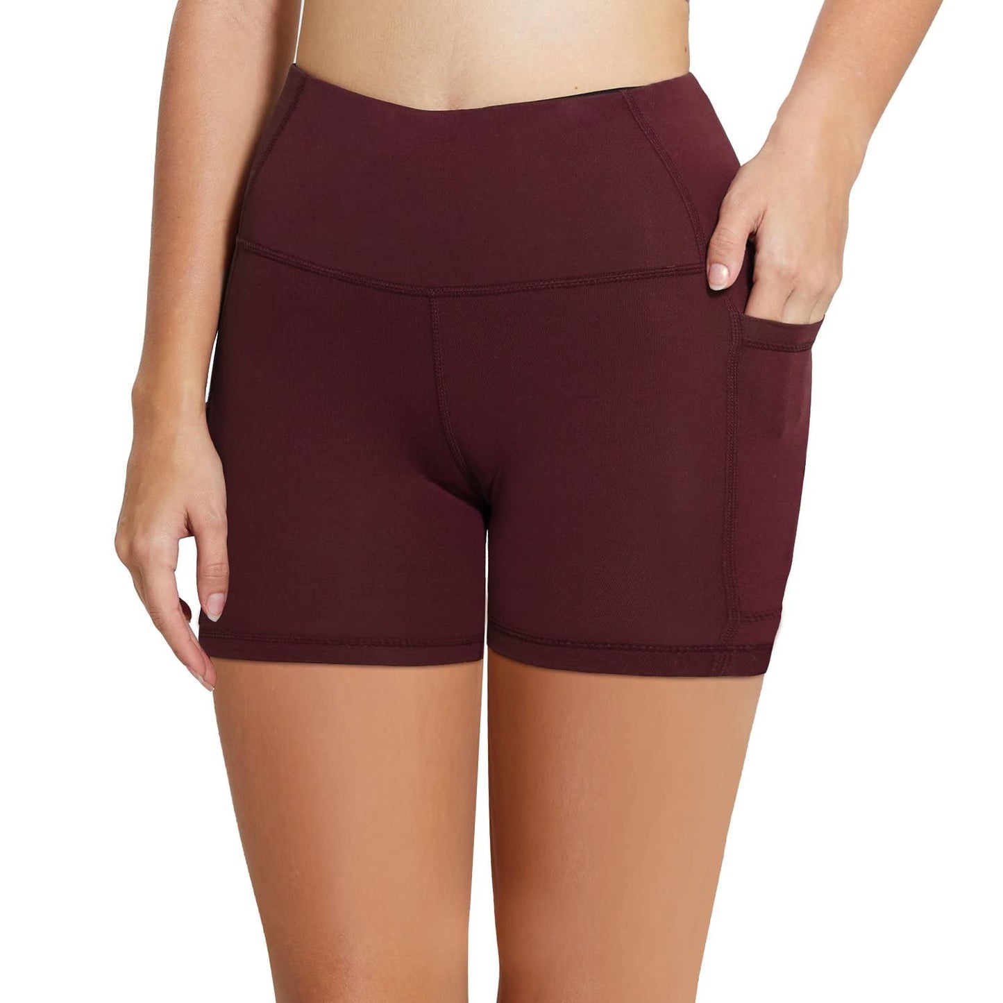 BALEAF Biker Shorts Women Yoga Gym Workout Spandex Running Volleyball Tummy Control Compression Shorts with Pockets 5" Wine Red L