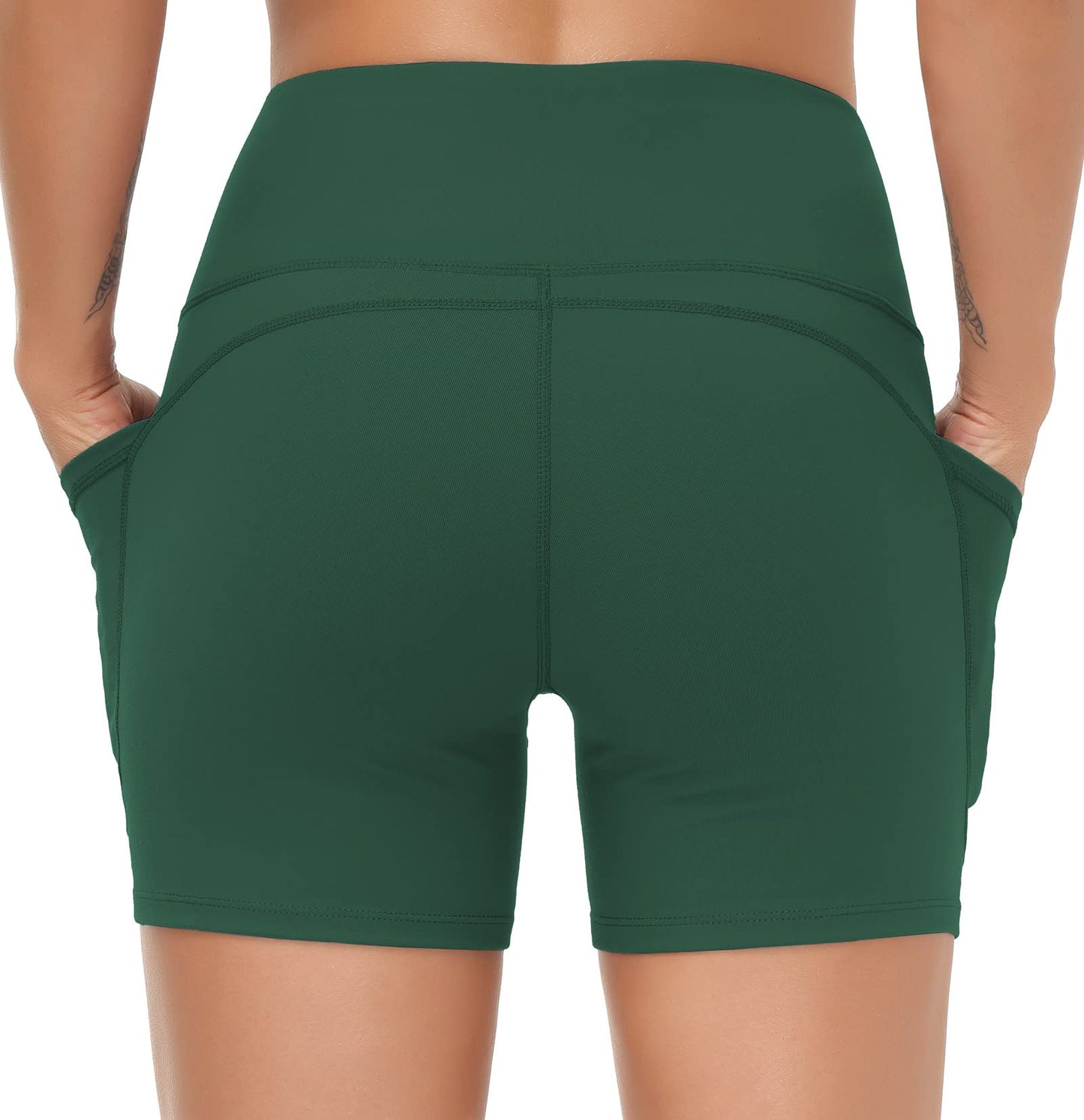 THE GYM PEOPLE High Waist Yoga Shorts for Women's Tummy Control Fitness Athletic Workout Running Shorts with Deep Pockets (Small, Dark Green)