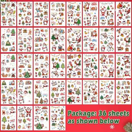 36 Sheets Christmas Temporary Tattoos, Snowman Penguin Elk Santa Tattoos for Christmas Stocking Stuffers & Gifts Party Favors for Kids, Waterproof Available for 2-3 Days, Makeup Remover Water Washable