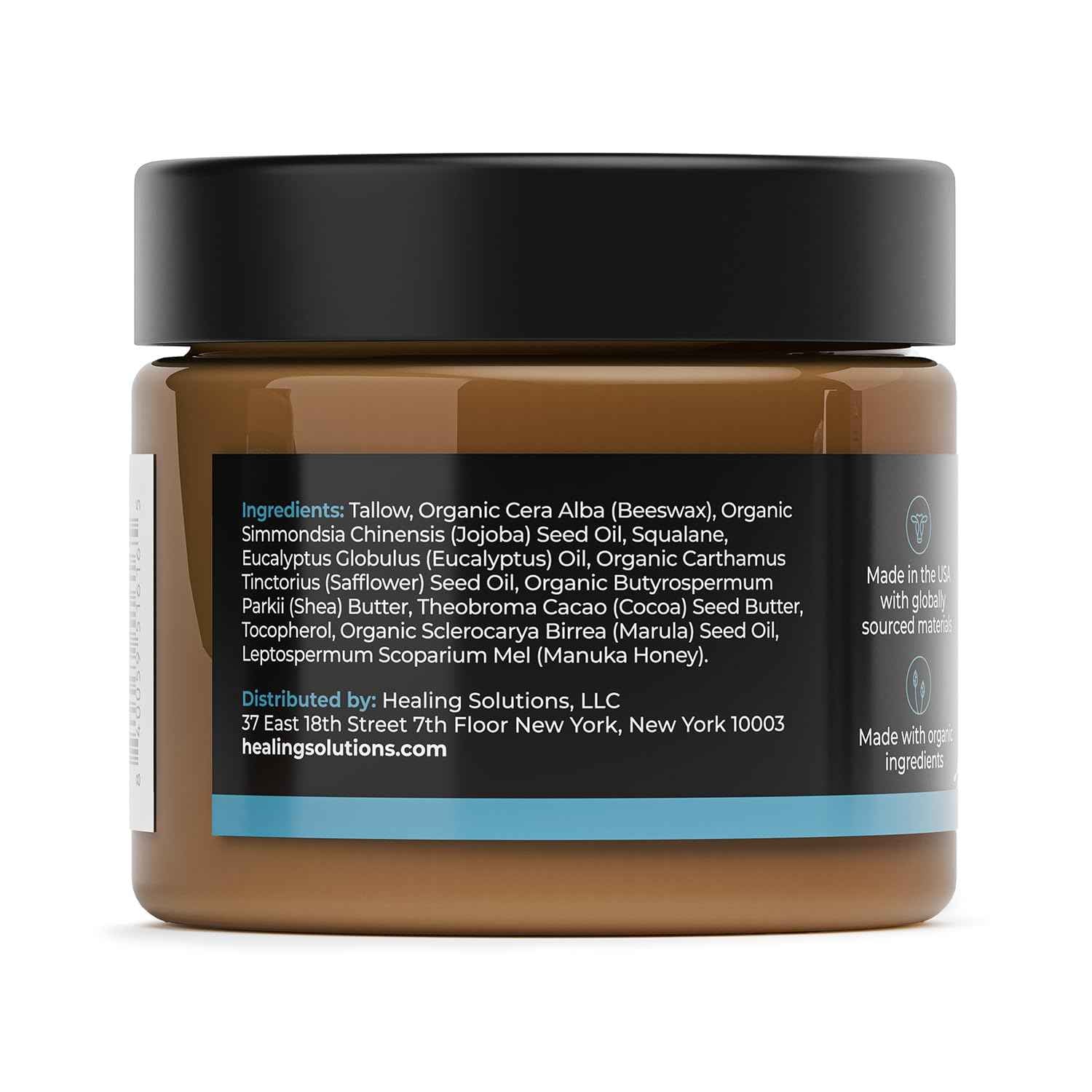 Healing Solutions - Beef Tallow and Honey Balm for Face (1.8oz), 100% Grass Fed/Grass Finished Beef Tallow with Manuka Honey for Skin, Made in USA, Unscented All Natural Moisturizing Skincare