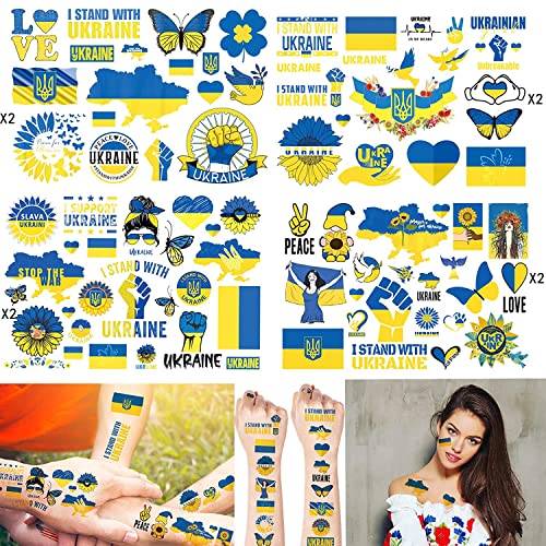 WANSENCE Ukraine Temporary Tattoos - 8 Sheets, Patriotic Designs, Blue & Yellow, Not Water Resistant, Adults