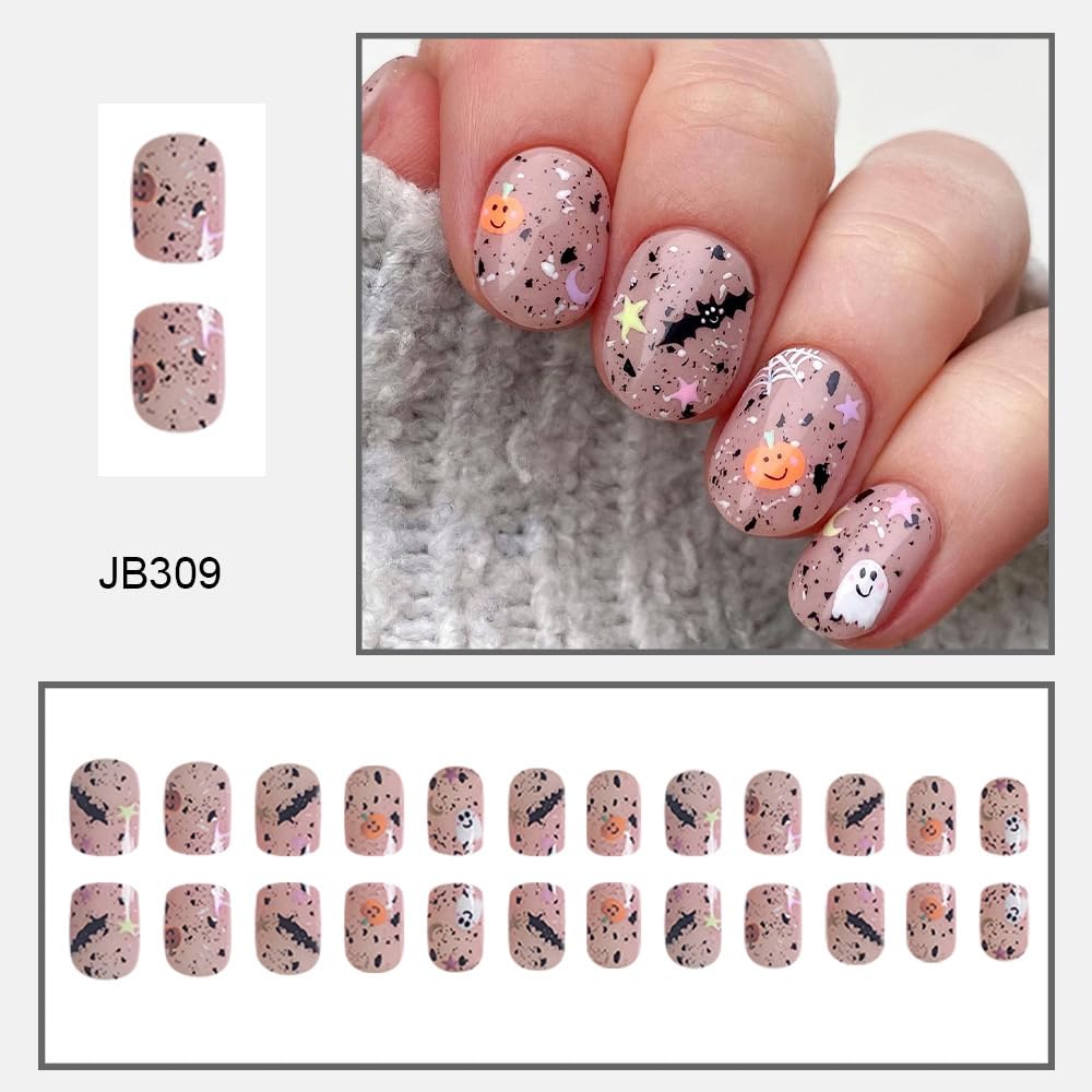 24Pcs Halloween Press on Nails Short Square Fake Nails Full Cover Acrylic Nails Pumpkin Press on Nails with Star Moon Design Cute Ghost Halloween False Nails Bat Spider Web Stick on Nails for Women