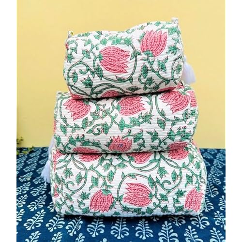Set of 3 Pieces Block Print Designer Toiletry Bag & Makeup Case - Boho Floral Quilted Pouch for Cosmetics, Skincare - Waterproof Lined Organizer for Diaper Bag, Purse, Travel, Gift, Pencils