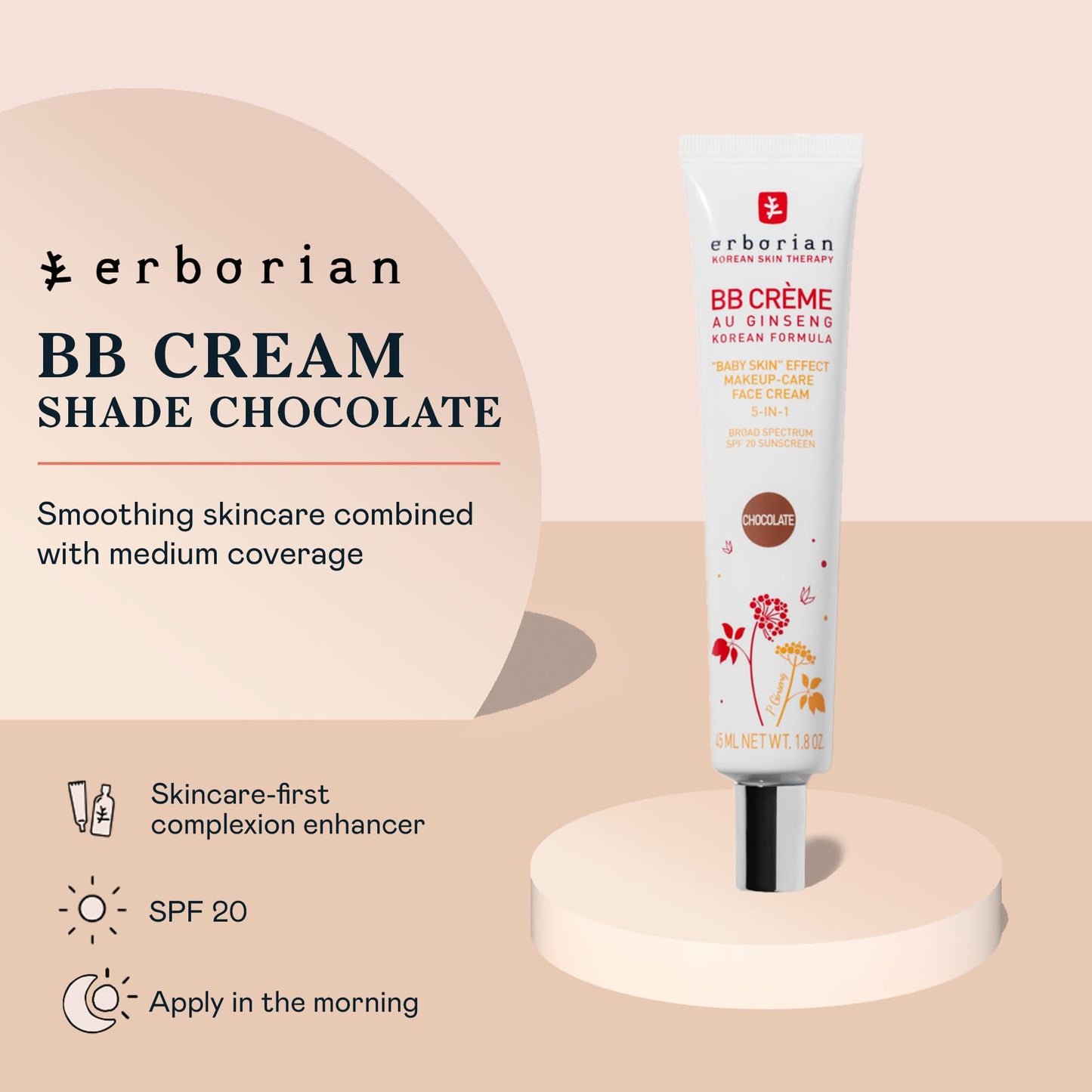 Erborian BB Cream with Ginseng, Chocolat - Lightweight Buildable Coverage with SPF 20 & Ultra-Soft Matte Finish Minimizes Pores & Imperfections - Korean Face Skincare - 1.5 Oz