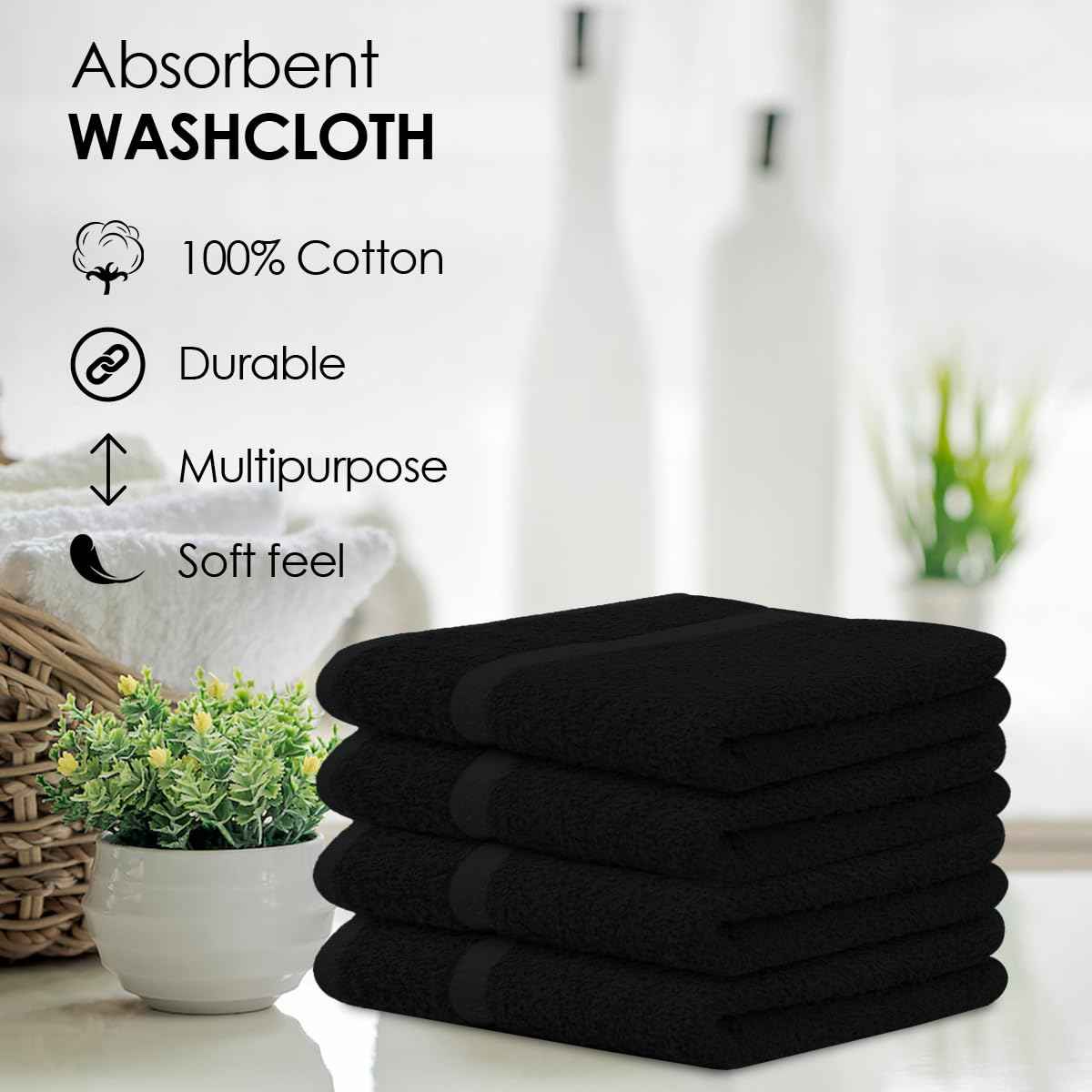 Avalon Towels Cotton Washcloths – (Pack of 24) Size 12x12 Inches, 100% Ring Spun Cotton, Soft & Absorbent Face Towels, Gym Towels, Hotel and Spa Quality, Reusable Fingertip Towels (Black)